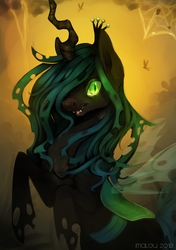 Size: 1124x1600 | Tagged: safe, artist:imalou, queen chrysalis, changeling, changeling queen, g4, backlighting, crown, female, glowing eyes, hair over one eye, jewelry, regalia, solo