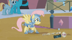 Size: 380x212 | Tagged: safe, screencap, fluttershy, rainbow dash, pegasus, pony, g4, the crystal empire, animated, armor, crystal guard armor, duo focus, female, floppy ears, hub logo, jousting, jousting outfit, lance, mare, on back, prone, weapon