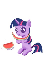 Size: 723x1023 | Tagged: artist needed, safe, twilight sparkle, pony, unicorn, g4, cute, eating, female, filly, filly twilight sparkle, food, fruit, herbivore, looking at you, nom, sitting, solo, unicorn twilight, watermelon, younger