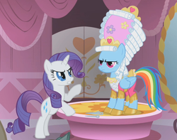 Size: 1141x899 | Tagged: safe, screencap, rainbow dash, rarity, pegasus, pony, unicorn, g4, swarm of the century, angry, annoyed, female, legs together, mare, mare antoinette, marie antoinette, rainbow dash always dresses in style