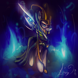 Size: 4000x4000 | Tagged: safe, artist:alumx, earth pony, pony, equestria daily, armor, birthday gift art, breastplate, chestplate, cloak, clothes, description at source, dramatic lighting, evil smile, gift art, grin, gritted teeth, helmet, hoof hold, horned helmet, loki, looking at you, male, ponified, raised hoof, smiling, solo, spear, teeth, video at source, walking, weapon