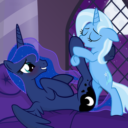Size: 1200x1200 | Tagged: safe, artist:the smiling pony, princess luna, trixie, alicorn, pony, unicorn, g4, bed, blushing, cute, eyes closed, female, fetish, floppy ears, foreplay, grin, hoof fetish, hoof licking, kinky, lesbian, licking, lip bite, luxie, mare, on back, pillow, shipping, show accurate, smiling, spread wings, tongue out, underhoof, window
