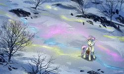 Size: 2400x1440 | Tagged: safe, artist:ruffu, oc, oc only, pony, saddle bag, scenery, snow, solo, tree