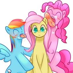 Size: 500x500 | Tagged: safe, artist:nyankamedon, fluttershy, pinkie pie, rainbow dash, g4, confused, drool, eyes closed, frown, licking, open mouth, pixiv, simple background, sitting, smiling, spread wings, tongue out, wat, white background