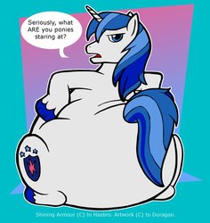 Size: 869x920 | Tagged: safe, artist:duragan, shining armor, pony, unicorn, g4, bhm, big booty stallions, big boys, dialogue, fat, impossibly large butt, looking at you, male, morbidly obese, obese, shieldbutt, shining blubber, solo, stallion, the ass was fat