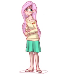 Size: 1280x1280 | Tagged: source needed, useless source url, safe, artist:misskatto, fluttershy, human, g4, blushing, clothes, female, flattershy, humanized, off shoulder, simple background, skinny, skirt, solo, sweater, sweatershy, thin, white background