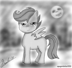 Size: 1024x970 | Tagged: safe, artist:apagondelsol999, scootaloo, g4, angry, crying, female, monochrome, moon, night, scootasad, solo, tears of anger