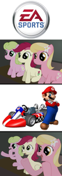 Size: 490x1383 | Tagged: safe, artist:why485, daisy, flower wishes, lily valley, roseluck, g4, ea, exploitable meme, flower trio, mario, mario kart, nintendo, reaction guys, reaction ponies, super mario