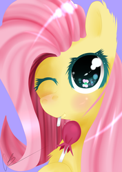 Size: 3507x4960 | Tagged: safe, artist:fladdykin, fluttershy, g4, blushing, female, lollipop, solo