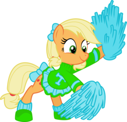 Size: 6262x6000 | Tagged: safe, artist:yetioner, applejack, g4, absurd resolution, alternate hairstyle, bow, cheerleader, clothes, female, pom pom, simple background, solo, transparent background, vector