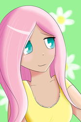 Size: 1000x1500 | Tagged: safe, artist:verminshy, fluttershy, human, g4, blushing, clothes, cute, dress, female, flower, humanized, no pupils, shyabetes, solo