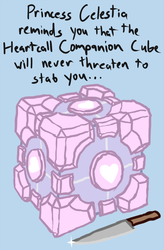 Size: 700x1067 | Tagged: safe, artist:arrkhal, oc, oc:heartcall, companion cube, crossover, knife, portal (valve)