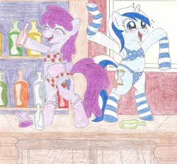 Size: 929x860 | Tagged: safe, artist:wjmmovieman, berry punch, berryshine, minuette, earth pony, pony, unicorn, g4, belly button, bipedal, blue underwear, blushing, bottle, bra, bra on pony, clothes, cutie mark, dancing, drunk, duo, duo female, eyes closed, female, flower pattern underwear, frilly underwear, hooves, horn, mare, open mouth, panties, party, pink underwear, polka dot underwear, socks, striped socks, thong, traditional art, underwear, undressing, we don't normally wear clothes