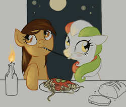 Size: 1000x850 | Tagged: safe, oc, oc:maría teresa de los ponyos paguetti, oc:princess stivalia, pony, candle, dinner, duo, eating, female, food, italy, lady and the tramp, lesbian, nation ponies, ponified, shipping, spaghetti, spaghetti scene, wip