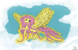 Size: 1024x651 | Tagged: safe, artist:mitcmack, fluttershy, ladybug, g4, cloud, cloudy, sky