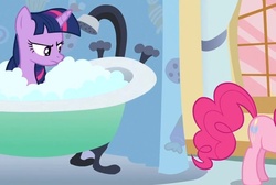Size: 836x562 | Tagged: safe, screencap, pinkie pie, twilight sparkle, pony, feeling pinkie keen, g4, bath, bathtub, eyes on the prize, female, looking at butt, mare, out of context, unamused