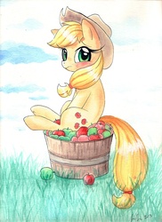 Size: 638x878 | Tagged: safe, artist:prettypinkpony, applejack, earth pony, pony, g4, apple, barrel, female, looking at you, sitting, solo