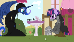 Size: 1920x1080 | Tagged: safe, artist:elslowmo, artist:late, princess luna, twilight sparkle, g4, armor, chess, chess with death, costume, crossover, death, parody, reference, the seventh seal