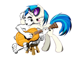 Size: 960x768 | Tagged: safe, artist:frist44, dj pon-3, vinyl scratch, dog, pony, unicorn, g4, animal crossing, blushing, crack shipping, crossover, crossover shipping, female, goggles, guitar, k.k. slider, kkscratch, male, nintendo, paw pads, shipping, simple background, sitting, stool, straight, totakeke, transparent background