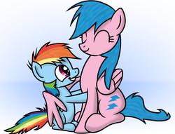 Size: 971x742 | Tagged: safe, artist:10art1, firefly, rainbow dash, pegasus, pony, g1, g4, duo, eyes closed, female, filly, firefly as rainbow dash's mom, foal, g1 to g4, generation leap, hug, mama firefly, mare, mother, mother and daughter, motherly, motherly love, winghug