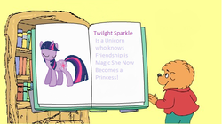 Size: 538x302 | Tagged: safe, edit, edited screencap, editor:digipony 5afd, screencap, twilight sparkle, alicorn, pony, unicorn, g4, book, simple background, the berenstain bears, twilight sparkle (alicorn), unicorn twilight, yellow background