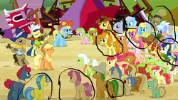 Size: 1280x720 | Tagged: safe, edit, edited screencap, screencap, apple bloom, apple cobbler, apple crumble, apple mint, apple rose, apple split, apple strudel, applejack, auntie applesauce, babs seed, blewgrass, bon bon, braeburn, bushel, carrot top, cherry berry, cloudchaser, dizzy twister, emerald green, fiddlesticks, flounder (g4), golden harvest, granny smith, green gem, half baked apple, hayseed turnip truck, helia, hoss, liberty belle, linky, lucky clover, mr. greenhooves, orange swirl, pitch perfect, red delicious, red june, shoeshine, sweet tooth, sweetie drops, earth pony, pegasus, pony, apple family reunion, g4, animation error, apple family member, background pony, banjo, barn, bipedal, harmonica, hat, musical instrument, unnamed character, unnamed pony, violin