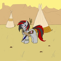Size: 1000x1000 | Tagged: safe, artist:facade, oc, oc only, oc:facade, earth pony, pony, desert, native american, solo, tent, tipi, village, war club
