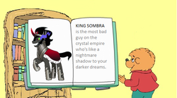 Size: 538x299 | Tagged: safe, edit, edited screencap, editor:digipony 5afd, screencap, king sombra, g4, book, english, grammar error, raised hoof, simple background, text, the berenstain bears, yellow background