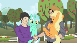 Size: 7680x4320 | Tagged: safe, artist:mewtwo-ex, artist:tex edits, edit, applejack, lyra heartstrings, oc, oc:tex, earth pony, human, pony, unicorn, g4, absurd resolution, apple tree, female, handshake, holding a pony, lip bite, male, man, mare, tree