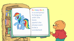 Size: 533x296 | Tagged: safe, edit, edited screencap, editor:digipony 5afd, screencap, rainbow dash, g4, book, english, grammar error, simple background, text, the berenstain bears, yellow background