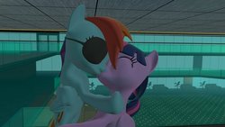 Size: 1024x576 | Tagged: safe, rainbow dash, twilight sparkle, alicorn, pegasus, pony, g4, 3d, eyes closed, female, gmod, kiss on the lips, kissing, lesbian, mare, pirate dash, pirateworm, ship:twidash, shipping, twilight sparkle (alicorn)