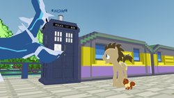 Size: 1191x670 | Tagged: safe, doctor whooves, time turner, dialga, earth pony, eevee, pony, g4, crossover, doctor whooves is not amused, gmod, male, pokémon, stallion, tardis, the doctor