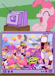 Size: 563x771 | Tagged: safe, pinkie pie, cyborg, g4, beast boy, clone, exploitable meme, teen titans go, tv meme