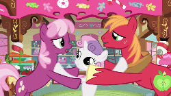 Size: 500x281 | Tagged: safe, screencap, big macintosh, cheerilee, sweetie belle, earth pony, pony, g4, hearts and hooves day (episode), animated, bipedal, eye contact, female, filly, foal, frown, gritted teeth, hearts and hooves day, hoofy-kicks, loop, male, mare, sad, ship:cheerimac, shipping, smiling, stallion, straight, sugarcube corner, talking