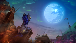 Size: 1250x703 | Tagged: safe, artist:vest, oc, oc only, aurora borealis, blue moon, fire, glasses, mare in the moon, moon, night, night sky, observer, prone, scenery, sky, solo