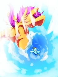 Size: 600x800 | Tagged: safe, artist:nabe, rainbow dash, scootaloo, g4, falling, flying, pixiv, vertigo