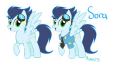 Size: 1078x600 | Tagged: safe, artist:theraspberryfox, soarin', pegasus, pony, g4, female, glide, goggles, mare, raised hoof, rule 63, simple background, solo, spread wings, transparent background, wings