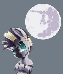 Size: 640x756 | Tagged: safe, artist:robotrainbowpig, zecora, zebra, g4, askyoungzecora, ear piercing, earring, female, jewelry, mare in the moon, moon, piercing, solo