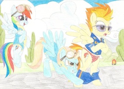 Size: 1024x734 | Tagged: source needed, safe, artist:wjmmovieman, lightning dust, rainbow dash, spitfire, pony, g4, wonderbolts academy, assisted exposure, belly button, clothes, female, goggles, humiliation, panties, prank, sunglasses, surprised, thong, traditional art, underwear, undressing, we don't normally wear clothes