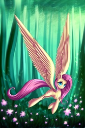 Size: 2000x3000 | Tagged: safe, artist:asimos, fluttershy, g4, female, flower, flying, forest, impossibly large wings, scenery, solo