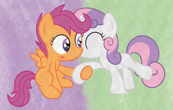 Size: 2500x1600 | Tagged: safe, artist:qazwsxedc15, scootaloo, sweetie belle, g4, blushing, female, kissing, lesbian, ship:scootabelle, shipping