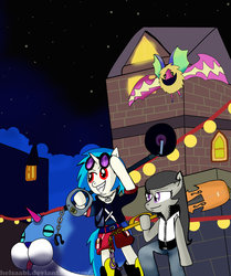 Size: 818x977 | Tagged: safe, artist:helsaabi, dj pon-3, octavia melody, vinyl scratch, earth pony, pony, unicorn, g4, bipedal, crossover, disney, dream eater, kingdom hearts, kingdom hearts 3d: dream drop distance, traverse town