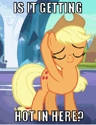 Size: 287x373 | Tagged: safe, edit, edited screencap, screencap, applejack, earth pony, pony, g4, the crystal empire, animated, cowboy hat, cropped, crystal empire, fanning, fanning self, female, hat, image macro, mare, reaction image, solo, stetson