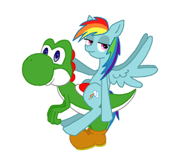 Size: 792x704 | Tagged: safe, artist:thecheeseburger, rainbow dash, pegasus, pony, yoshi, g4, crossover, female, mare, riding, simple background, super mario bros.