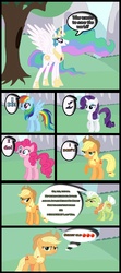 Size: 1024x2304 | Tagged: safe, artist:schocky, applejack, granny smith, pinkie pie, princess celestia, rainbow dash, rarity, alicorn, earth pony, pegasus, pony, unicorn, g4, buy some apples, comic, female, horn, mare, mermaid man and barnacle boy v, parody, spongebob squarepants, spread wings, wings