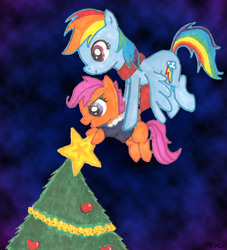 Size: 1608x1773 | Tagged: safe, artist:catscratchpaper, rainbow dash, scootaloo, pegasus, pony, g4, abstract background, blank flank, christmas, christmas star, christmas tree, clothes, female, filly, flying, foal, holding a pony, holiday, mare, open mouth, scarf, scootalove, signature, spread wings, stars, tree, wings