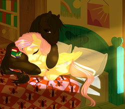 Size: 1582x1373 | Tagged: safe, artist:kittehkatbar, fluttershy, oc, g4, bed, canon x oc, hug, shipping