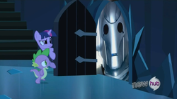 Size: 854x480 | Tagged: safe, spike, twilight sparkle, cyberman, g4, my little pony: friendship is magic, the crystal empire, doctor who, exploitable meme, meme, the scary door