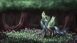 Size: 1250x703 | Tagged: safe, artist:macalaniaa, queen chrysalis, changeling, changeling queen, g4, crown, female, flower, forest, glowing, glowing horn, horn, jewelry, magic, mushroom, regalia, scenery, solo