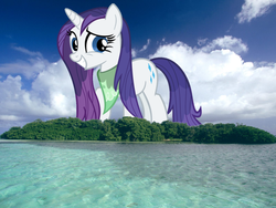 Size: 997x748 | Tagged: safe, rarity, pony, unicorn, g4, female, giant pony, giant rarity, giant unicorn, giantess, highrise ponies, horn, island, macro, mare, ponies in real life, solo, wet, wet mane, wet mane rarity